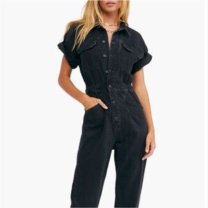 Free People We The Free Marci Jumpsuit Black Wash Denim Size XS